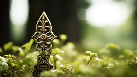 A metal cross on top of a green field, AIの素材
