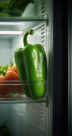 A refrigerator with a green pepper and a bunch of vegetables, AIの素材