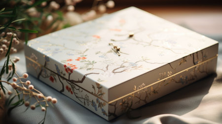 A box with a bird on it sitting on a bed, AIの素材