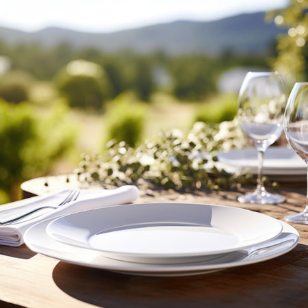 A table with empty plates and wine glasses on it, AIの素材