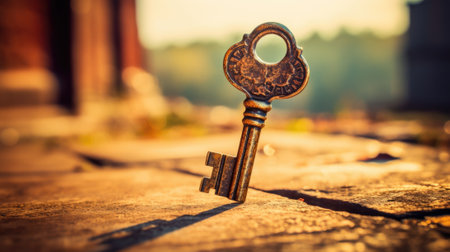 An old key sitting on the ground in front of a building, AIの素材