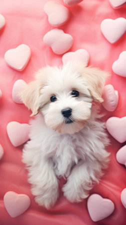 A small white dog is surrounded by hearts, AIの素材