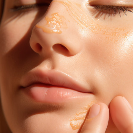 A woman with her face covered in a sticky substance, AIの素材