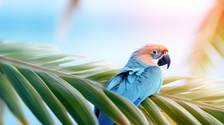 A blue and orange parrot sitting on a palm leaf, AIの素材