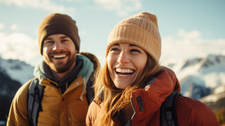A couple smiling while hiking in the mountains, AIの素材