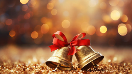 Two golden bells with red ribbon on a shiny background, AIの素材