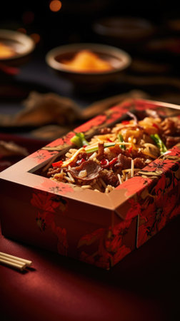 A box of food sitting on a table with chopsticks, AIの素材