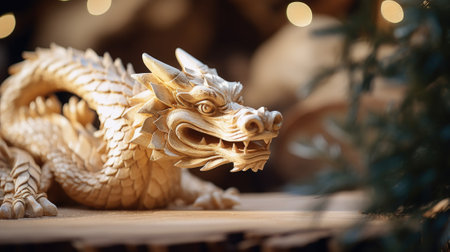 A wooden dragon statue on a table, AIの素材