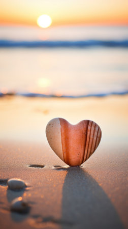 A heart shaped stone on the beach at sunset, AIの素材