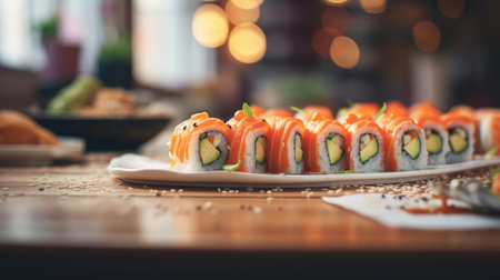 A sushi roll on a plate with a bowl of rice, AIの素材