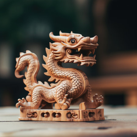 A wooden dragon figurine on a table, AIの素材