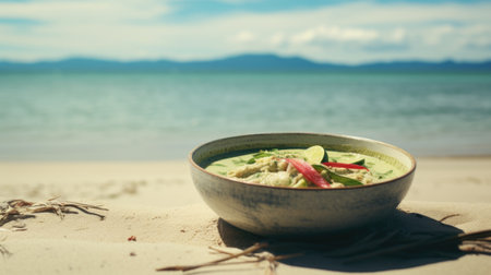 Bowl of soup on the beach, AIの素材