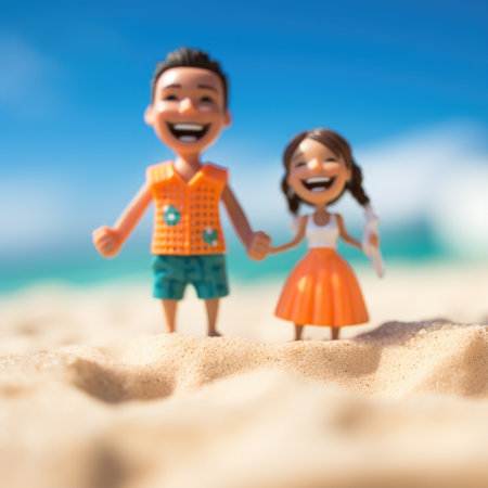 A toy couple on the beach holding hands, AIの素材
