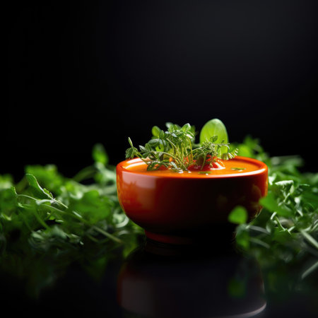 A bowl of soup with fresh greens on a black background, AIの素材