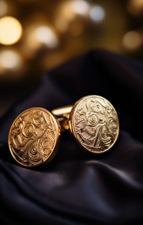 Golden cufflinks on a black cloth, AIの素材