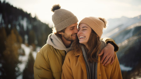 A man and woman are embracing in the snow, AIの素材