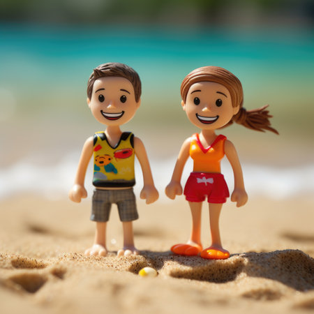 A couple of toy people standing on a beach, AIの素材