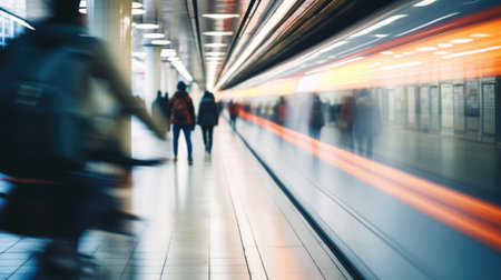 People walking in a subway station with a train moving, AIの素材