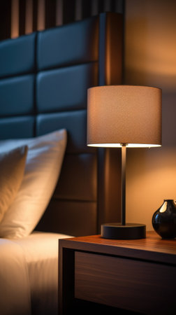 A lamp is on a nightstand in front of a bed, AIの素材