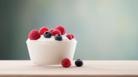 Yogurt with berries in a glass on a wooden table, AIの素材