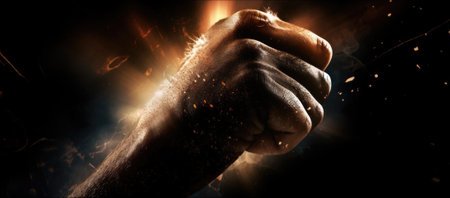 A fist is shown with fire and smoke, AIの素材