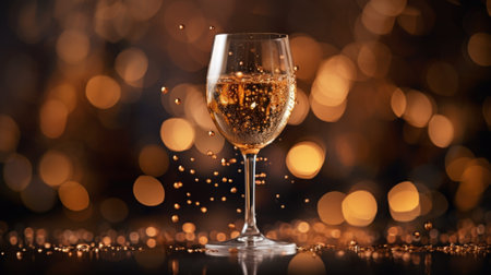 Champagne glass with sparkling bubbles on a dark background, AIの素材