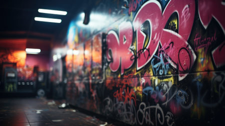 A graffiti covered wall in a dark room, AIの素材