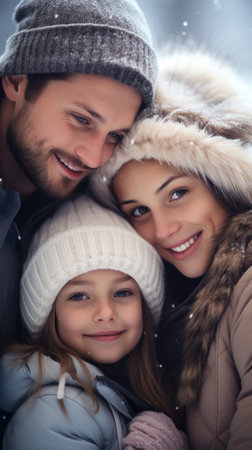 A family posing for a photo in the snow, AIの素材