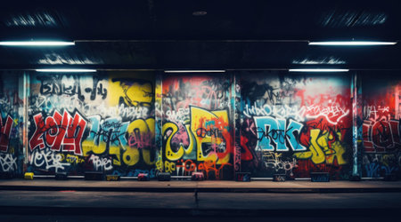 A graffiti covered wall in an underground parking garage, AIの素材