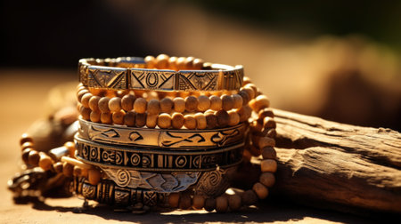 A stack of wooden bracelets and a wooden log, AIの素材