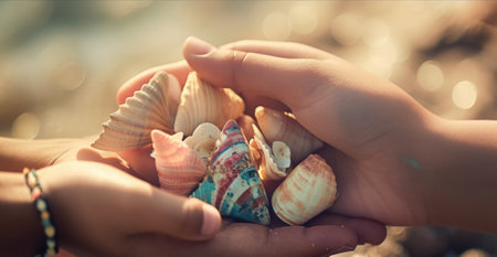 Two hands holding shells on a beach, AIの素材