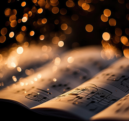 A sheet of music is open with lights behind it, AIの素材