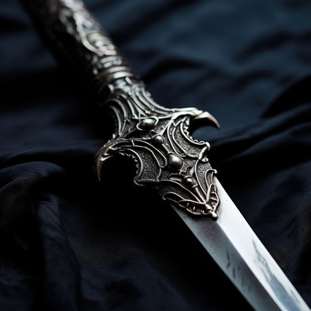 A knife with a silver blade sitting on a black cloth, AIの素材