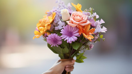 A hand holding a bouquet of flowers, AIの素材