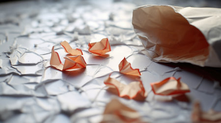 A pile of origami crumpled paper on a table, AIの素材