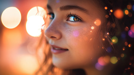 A girl with bright lights on her face, AIの素材