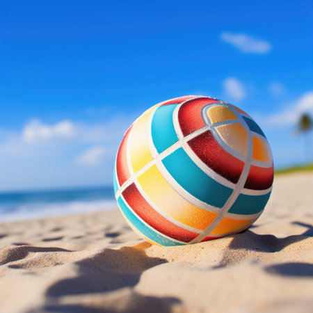 A colorful beach ball on the sand, AIの素材