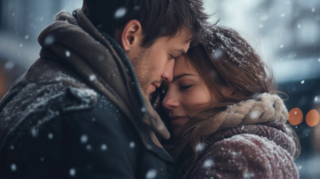 A man and woman embrace in the snow, AIの素材