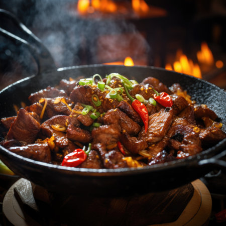 A wok filled with meat and vegetables in front of a fireplace, AIの素材