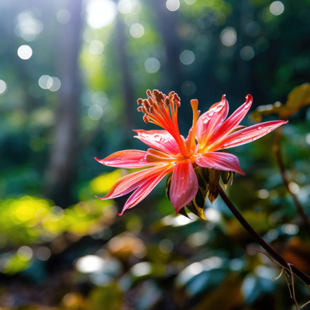 A flower in the forest with sunlight shining through, AIの素材