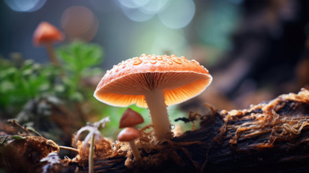 A small orange mushroom is sitting on top of a log, AIの素材