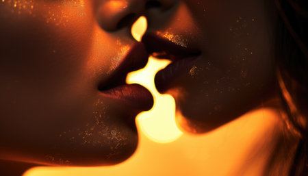 Two women kissing in the dark with a golden glow, AIの素材