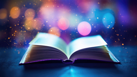 An open book on a table with a bright light, AIの素材