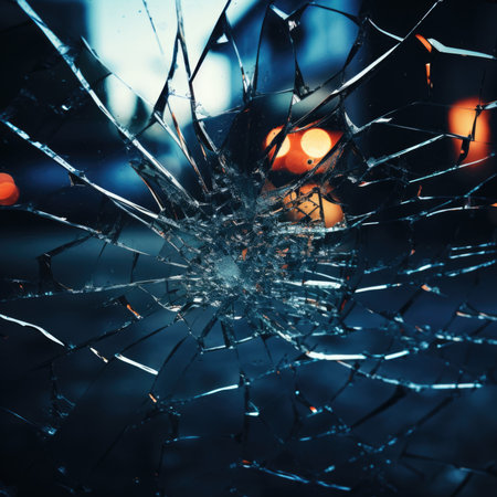 A broken glass window with a blurred street in the background, AIの素材