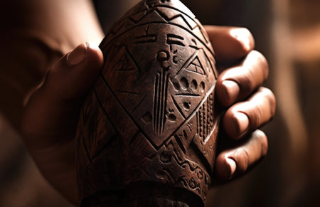 A person holding a wooden object with a design on it, AIの素材