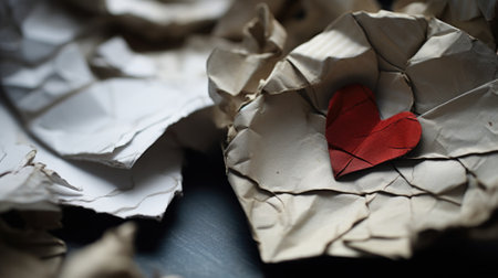 A red heart is sitting on top of a pile of crumpled paper, AIの素材