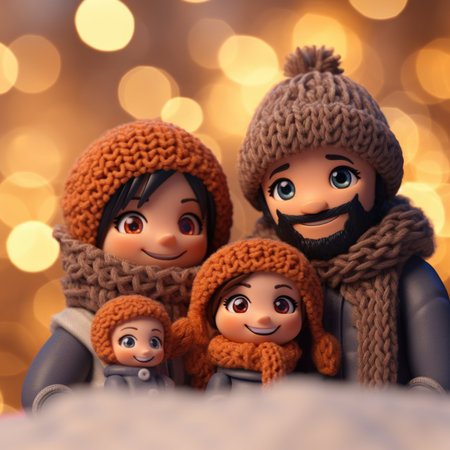 A family of three people in winter clothing, AIの素材