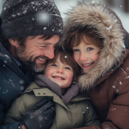 A man and two children are smiling in the snow, AIの素材