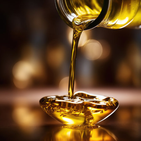 A bottle of olive oil being poured into a bowl, AIの素材