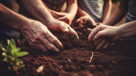 Hands of people planting a tree in the dirt, AIの素材